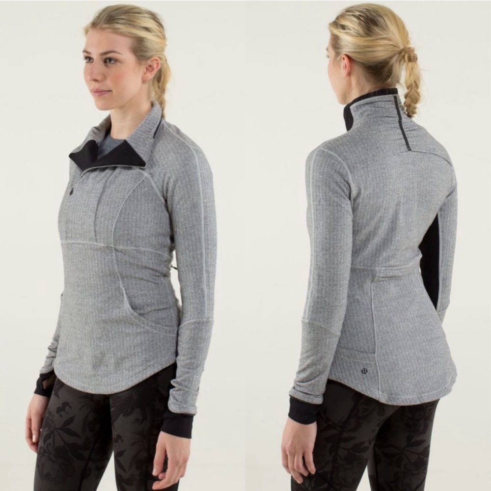 Lululemon Base Runner 1/2 Zip Heathered‎ Herringbone Heathered Black White